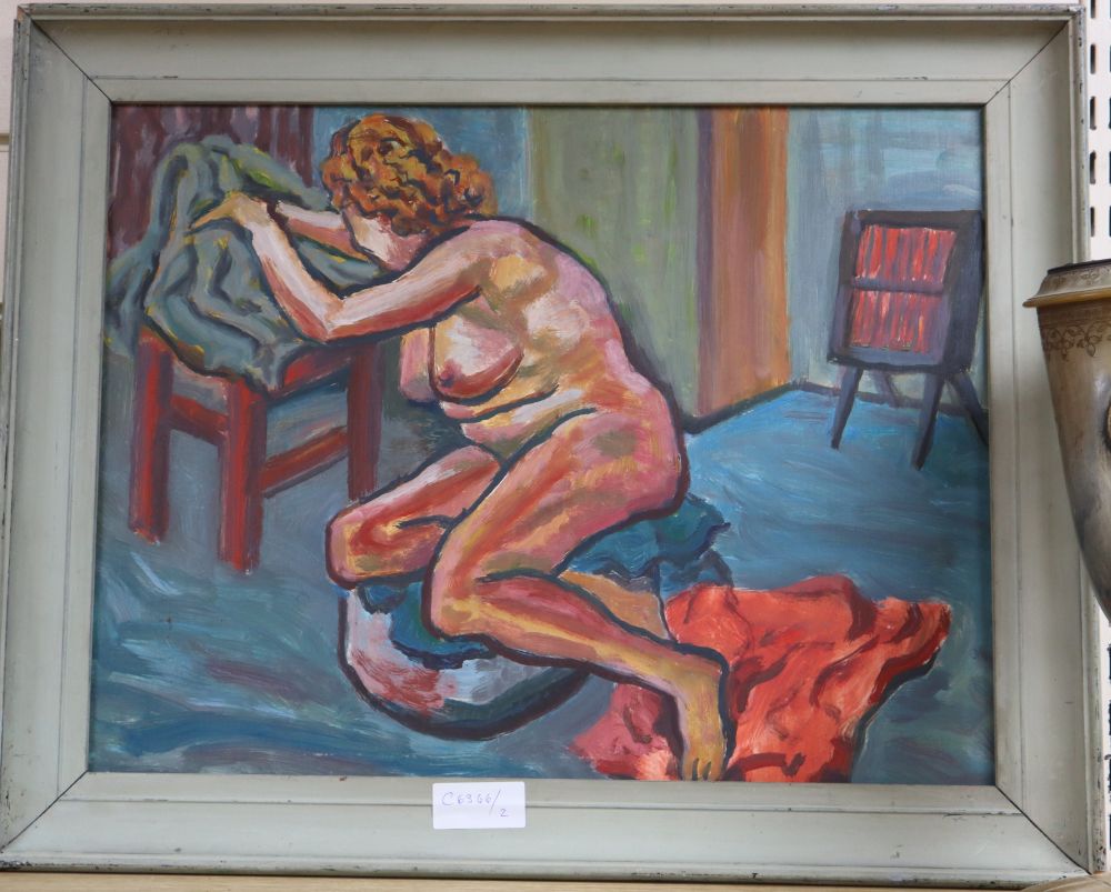 Modern British, oil on board, Seated female nude, 38 x 50cm